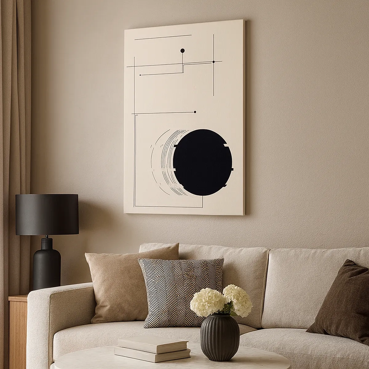 Impression sur toile - Image sur toile - Lignes géométriques noires et un cercle sur fond beige - 50x70cm - Une composition flexible et dynamique - Décoration murale moderne pour le salon et la chambre ARTTOR