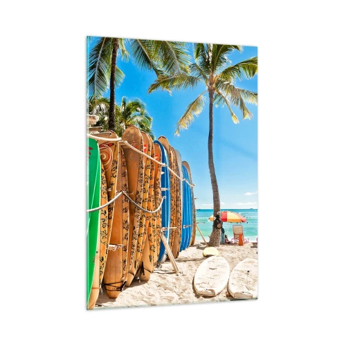 Impression sur verre - Image sur verre - Planches de surf colorées sur une plage tropicale - 50x70cm - Jeux ensoleillés - Décoration murale moderne pour le salon et la chambre ARTTOR