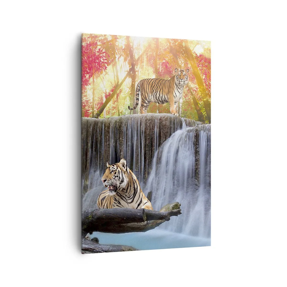 Impression sur toile - Image sur toile - Tigres près d'une cascade dans la forêt d'automne - 80x120cm - Paysage surréaliste - Décoration murale moderne pour le salon et la chambre ARTTOR