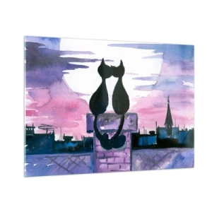 Impression sur verre - Image sur verre - Silhouettes de deux chats contre le soleil couchant - 100x70cm - Rendez-vous sous la lune - Décoration murale moderne pour le salon et la chambre ARTTOR
