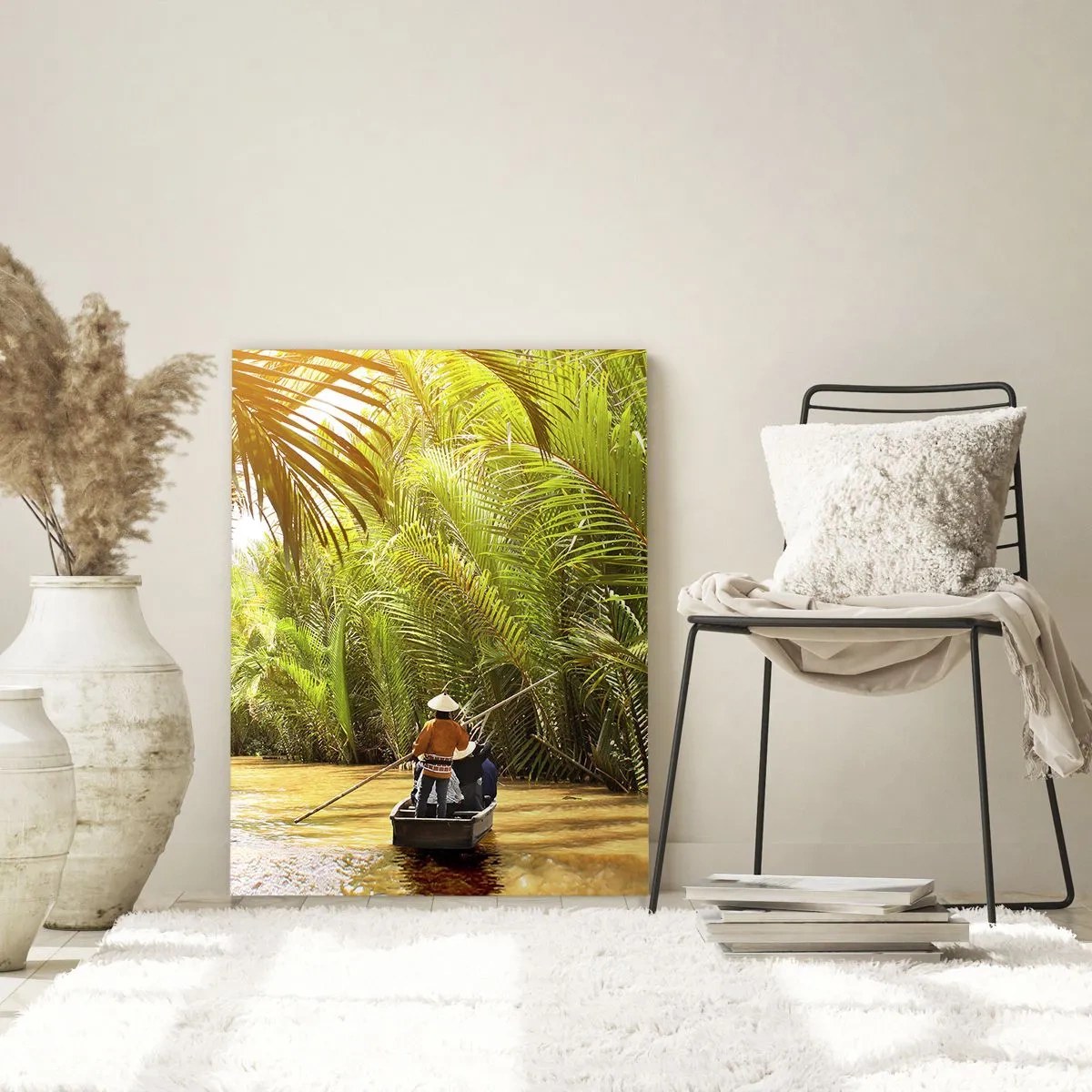 Impression sur verre - Image sur verre - Un bateau sur une rivière entourée de végétation tropicale - 80x120cm - Ravin de palmier - Décoration murale moderne pour le salon et la chambre ARTTOR