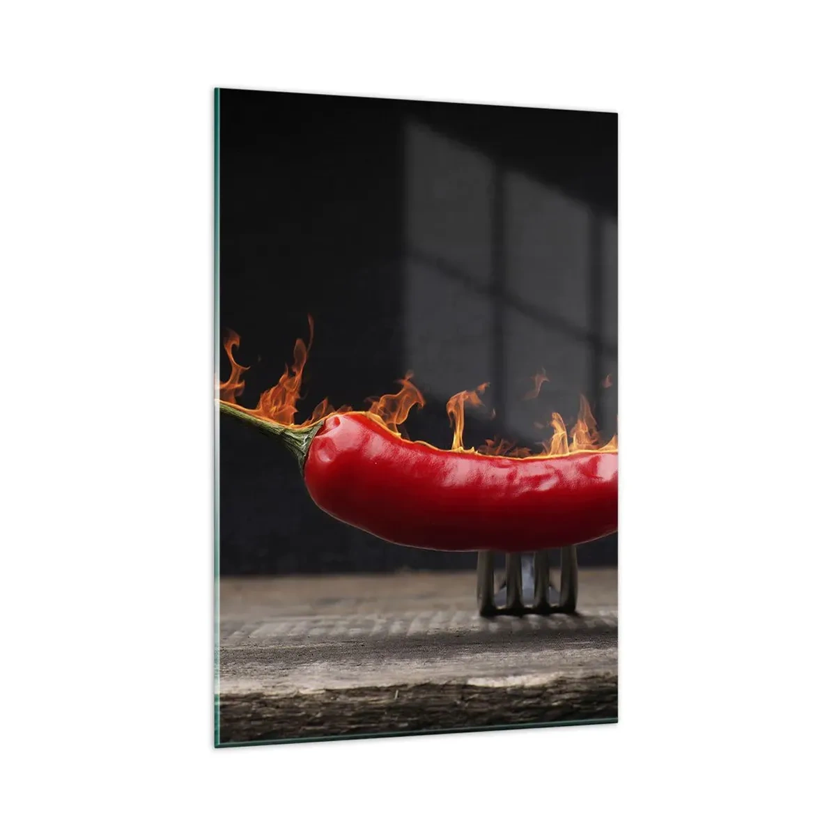 Impression sur verre - Image sur verre - Poivron rouge flamboyant sur une fourchette - 80x120cm - Un apéritif enflammé - Décoration murale moderne pour le salon et la chambre ARTTOR