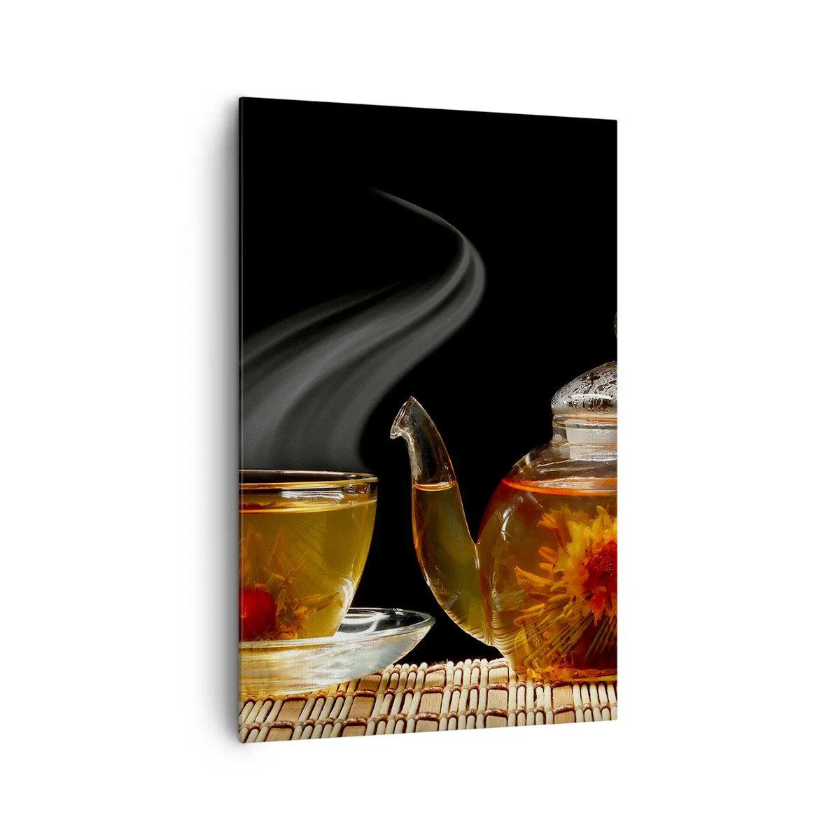Impression sur toile - Image sur toile - Théière en verre avec thé aux fleurs et une tasse - 80x120cm - La magie et l'art de l'infusion du thé - Décoration murale moderne pour le salon et la chambre ARTTOR