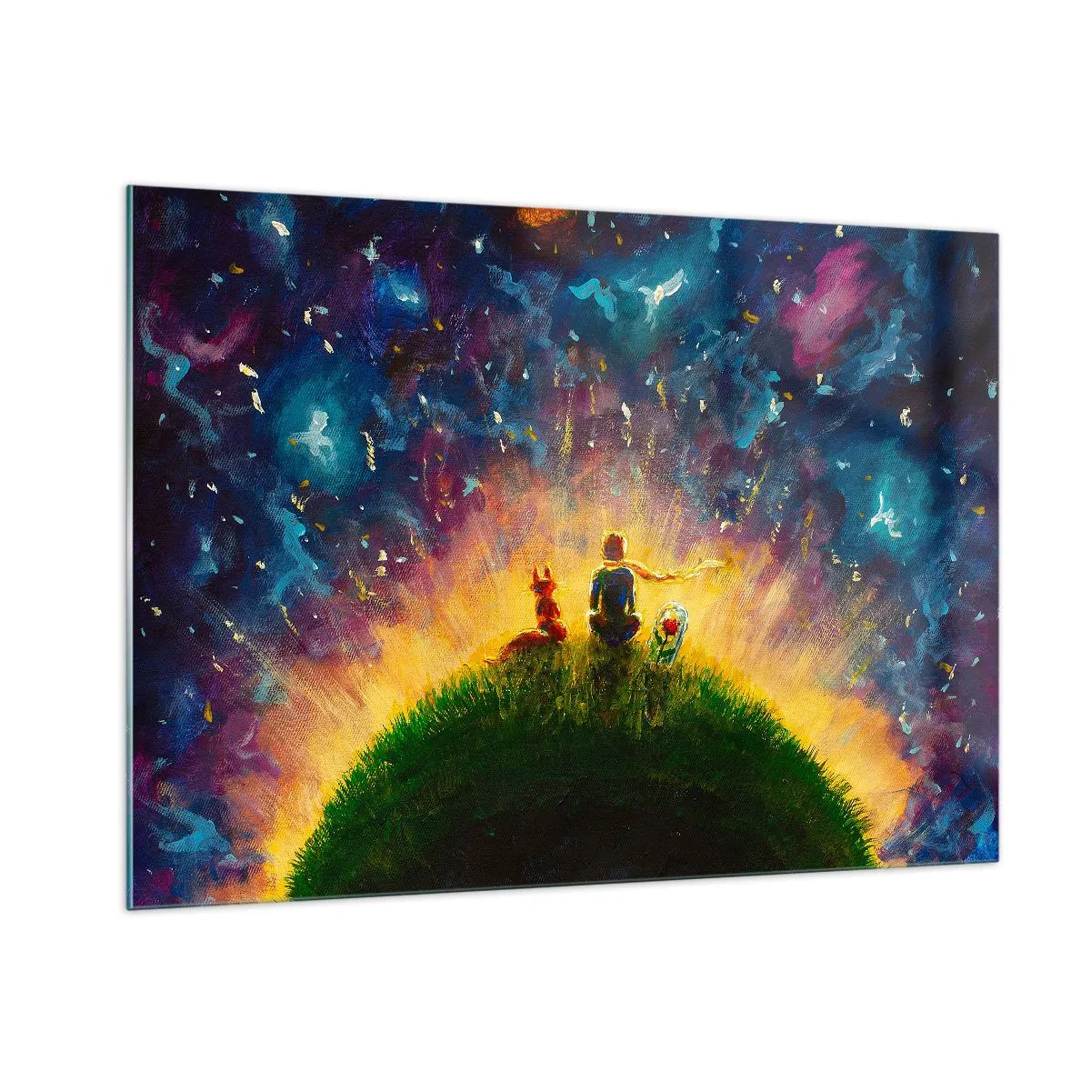 Impression sur verre - Image sur verre - Une figure avec un renard sur une planète sous un ciel étoilé - 100x70cm - Amour et amitié - le monde entier - Décoration murale moderne pour le salon et la chambre ARTTOR