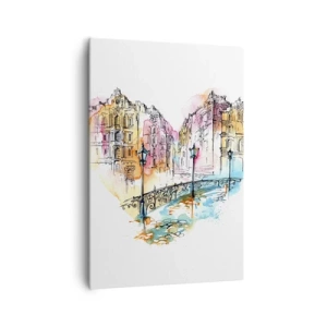 Impression sur toile - Image sur toile - Aquarelle d'un pont et de maisons en forme de cœur - 70x100cm - Le coeur de la ville - Décoration murale moderne pour le salon et la chambre ARTTOR