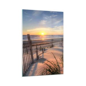 Impression sur verre - Image sur verre - Plage au coucher du soleil avec clôture en bois - 70x100cm - Ombre et brillance du vent - Décoration murale moderne pour le salon et la chambre ARTTOR