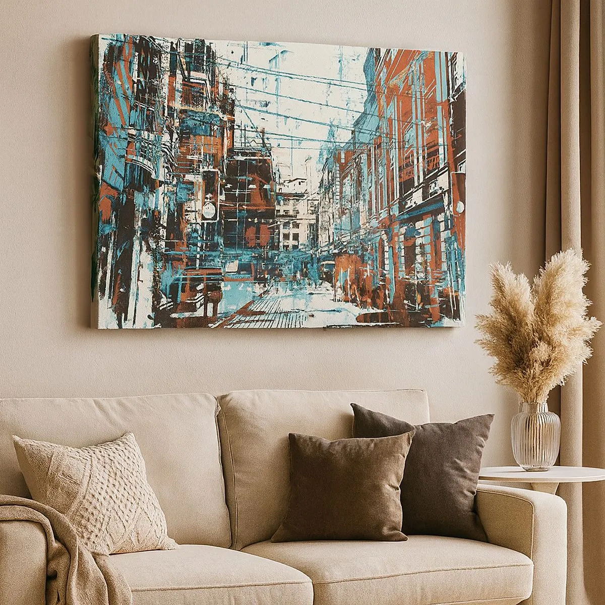Impression sur toile - Image sur toile - Un paysage urbain aux tons bleus et orange - 70x50cm - Un sentier de ville usé - Décoration murale moderne pour le salon et la chambre ARTTOR