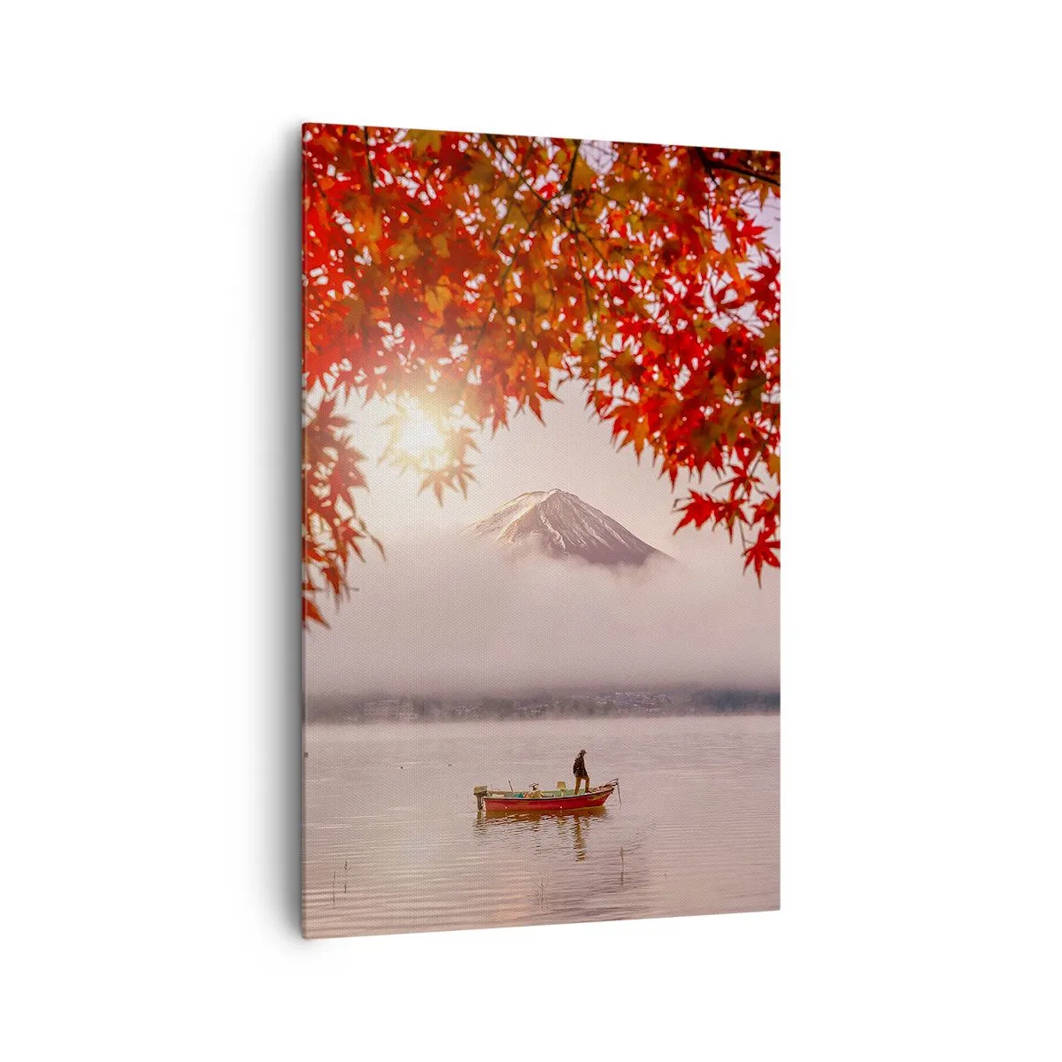 Impression sur toile - Image sur toile - Un bateau sur un lac entouré de feuilles d'érable rouges - 80x120cm - Dans le climat japonais - Décoration murale moderne pour le salon et la chambre ARTTOR