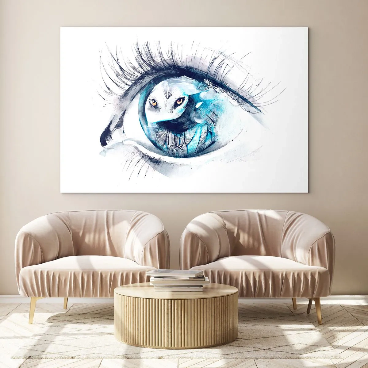 Impression sur verre - Image sur verre - Un œil de femme avec un motif de hibou dans un style aquarelle - 120x80cm - Face à face avec la nature sauvage - Décoration murale moderne pour le salon et la chambre ARTTOR