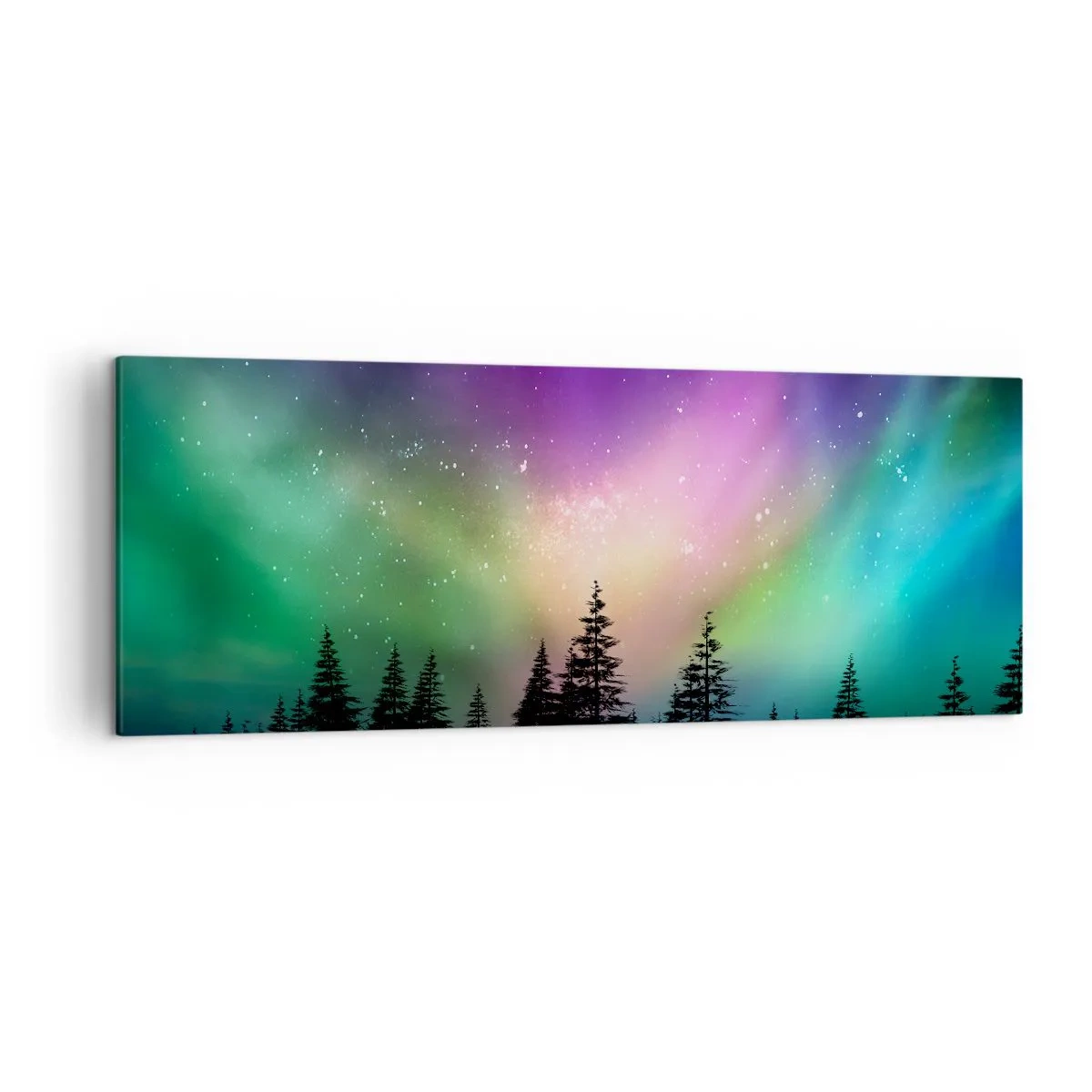 Impression sur toile - Image sur toile - Aurore boréale au-dessus d'une forêt avec un ciel étoilé - 140x50cm - Magie blanche - Décoration murale moderne pour le salon et la chambre ARTTOR