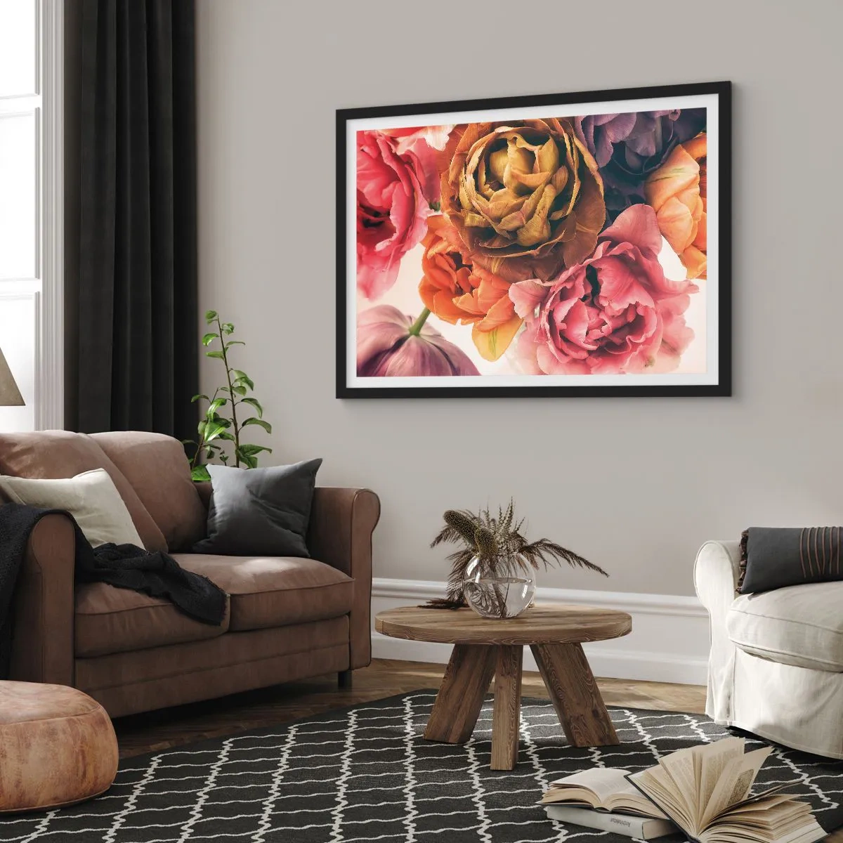 Affiche dans un cadre noir - Poster - Un bouquet de fleurs variées aux couleurs intenses - 70x50cm - La fête de la vie - Décoration murale moderne pour le salon et la chambre ARTTOR