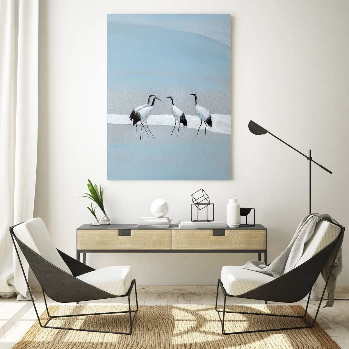 Impression sur verre - Image sur verre - Un groupe de grues contre un ciel bleu et le soleil levant - 80x120cm - Après une chaude journée - Décoration murale moderne pour le salon et la chambre ARTTOR