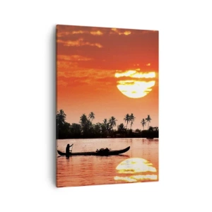 Impression sur toile - Image sur toile - Coucher de soleil tropical avec un bateau et des palmiers en arrière-plan - 50x70cm - La tranquillité des tropiques au coucher du soleil - Décoration murale moderne pour le salon et la chambre ARTTOR