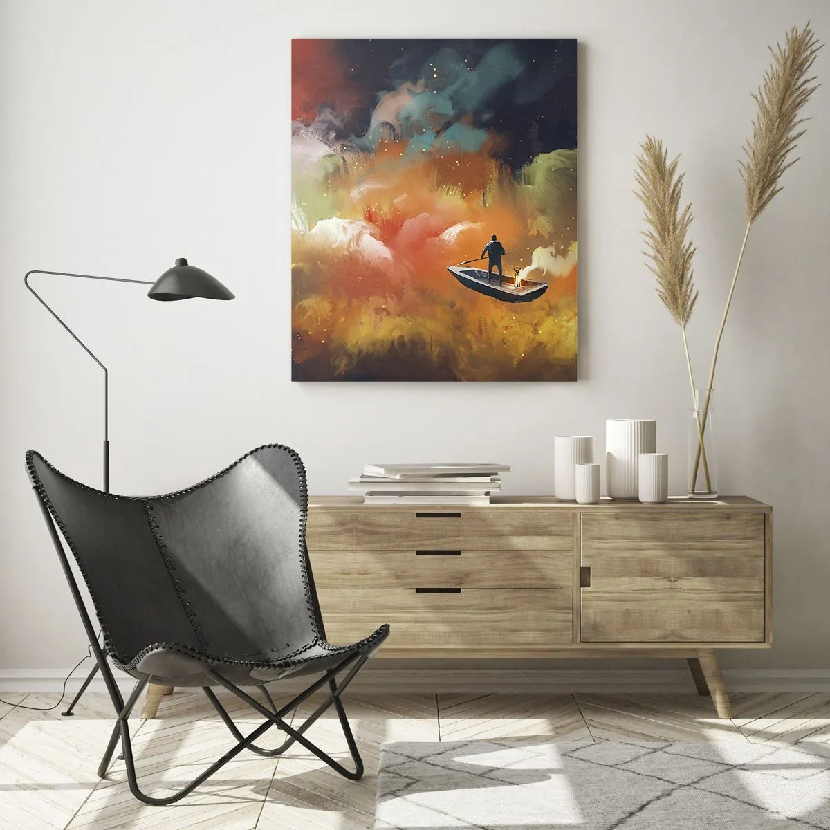 Impression sur verre - Image sur verre - Une silhouette sur un bateau flottant parmi des nuages galactiques colorés - 50x70cm - En bateau à travers la galaxie - Décoration murale moderne pour le salon et la chambre ARTTOR