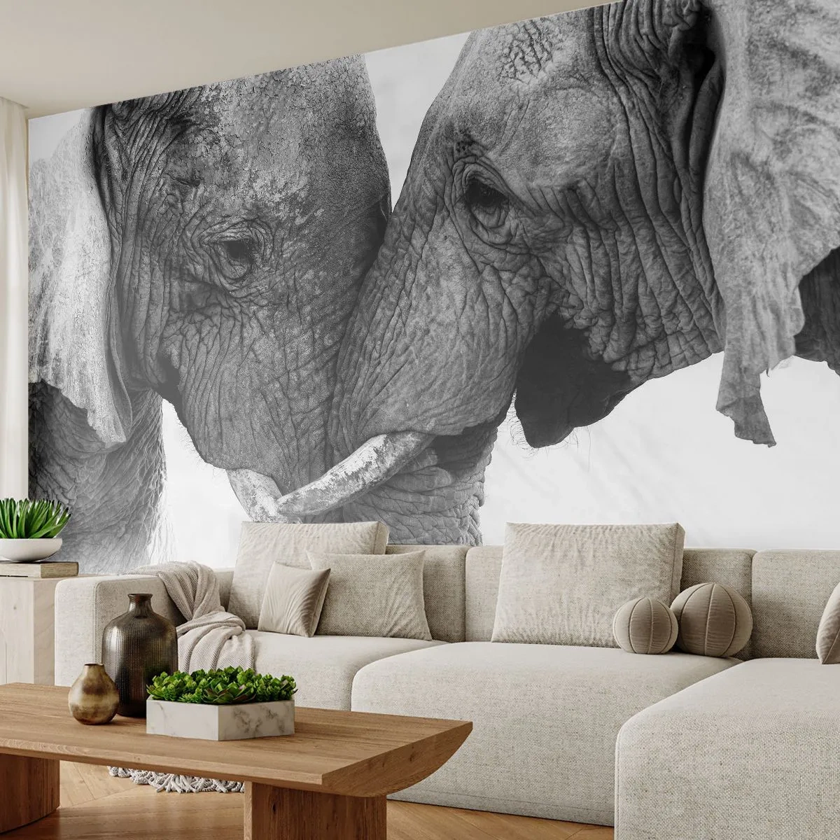 Papier Peint Photo Premium Sand - Deux éléphants avec leurs trompes entrelacées dans un geste tendre de proximité - 100x70cm - Confession sincère - Décoration murale moderne pour le salon et la chambre ARTTOR