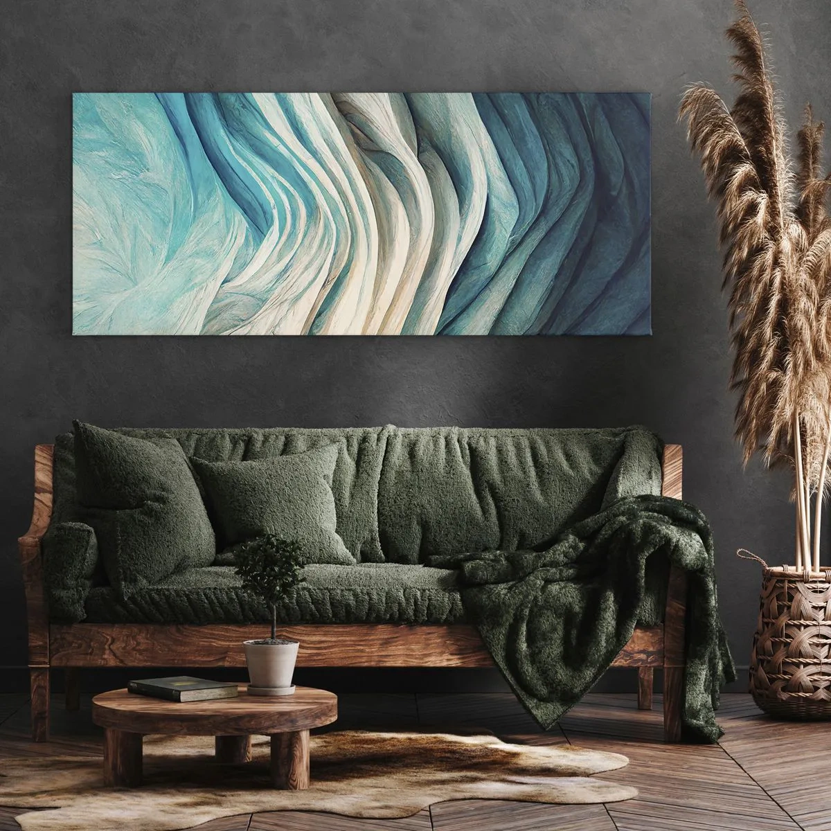 Impression sur toile - Image sur toile - Ondes dynamiques dans des tons de bleu et de blanc - 140x50cm - Insatiabilité bleue - Décoration murale moderne pour le salon et la chambre ARTTOR