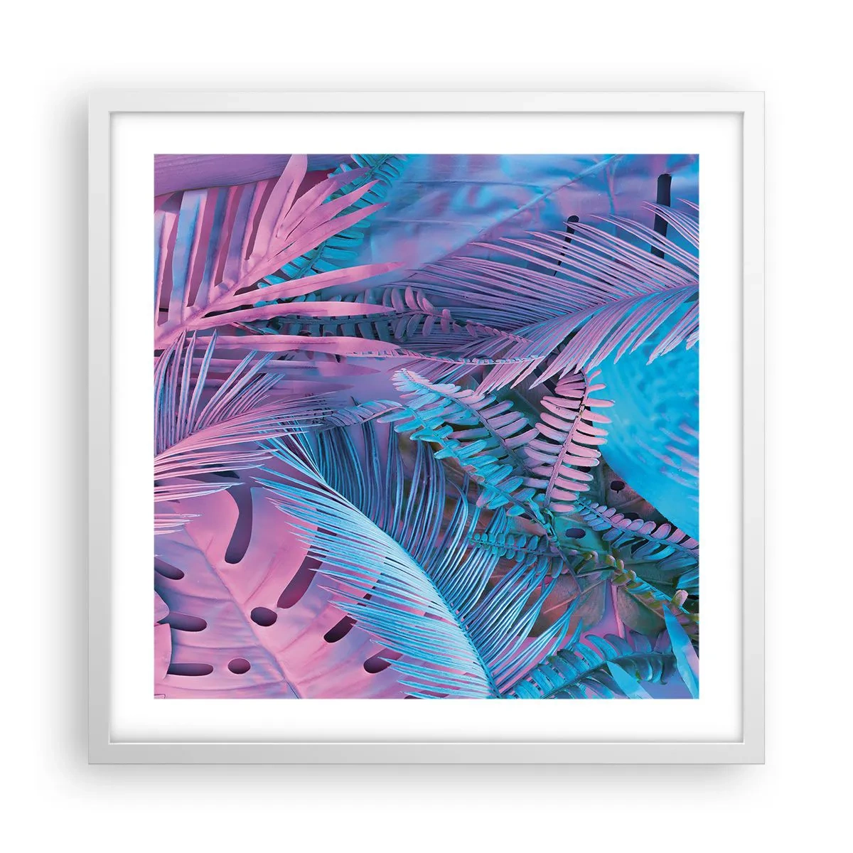 Affiche dans un cadre blanc - Poster - Les tropiques en rose et bleu - 50x50 cm