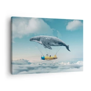 Impression sur toile - Image sur toile - Une baleine volante transporte un avion dans un décor surréaliste. - 70x50cm - Pourquoi pas? - Décoration murale moderne pour le salon et la chambre ARTTOR