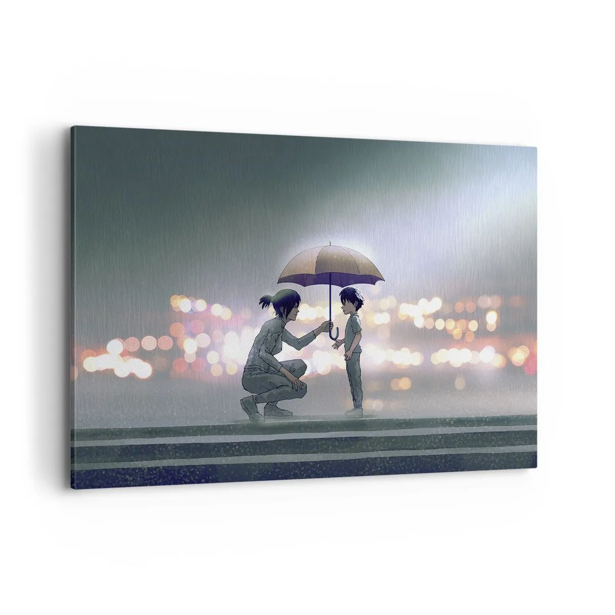 Impression sur toile - Image sur toile - Une silhouette avec un parapluie protégeant un enfant sur fond de lumières nocturnes. - 120x80cm - Et maintenant, tout va bien - Décoration murale moderne pour le salon et la chambre ARTTOR