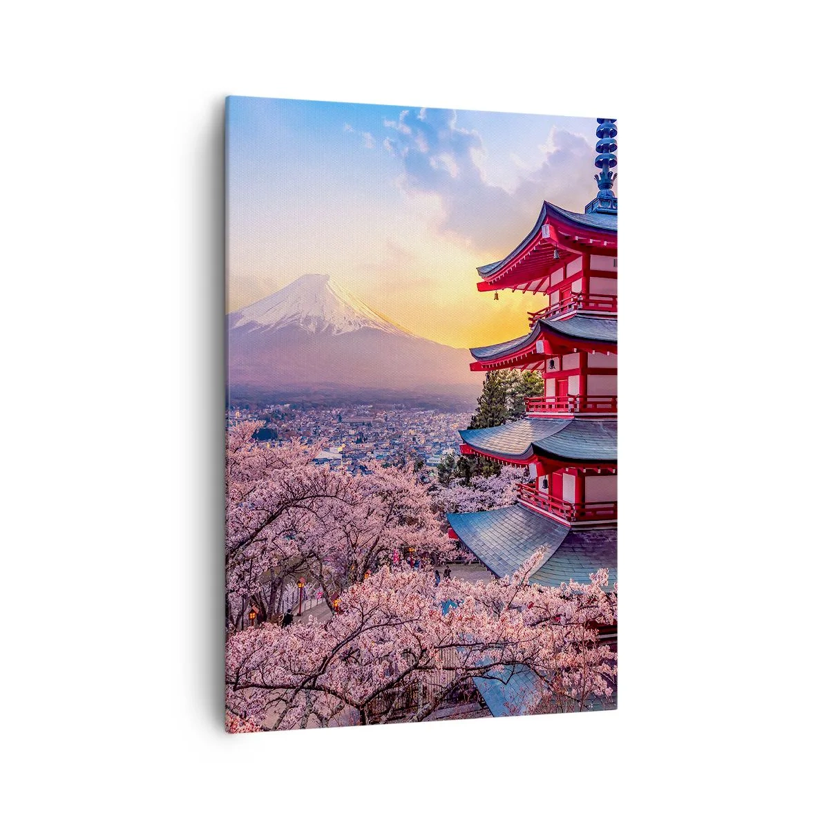 Impression sur toile - Image sur toile - Une pagode au Japon avec des cerisiers en fleurs et le mont Fuji - 70x100cm - Essence d'âme japonnaise - Décoration murale moderne pour le salon et la chambre ARTTOR