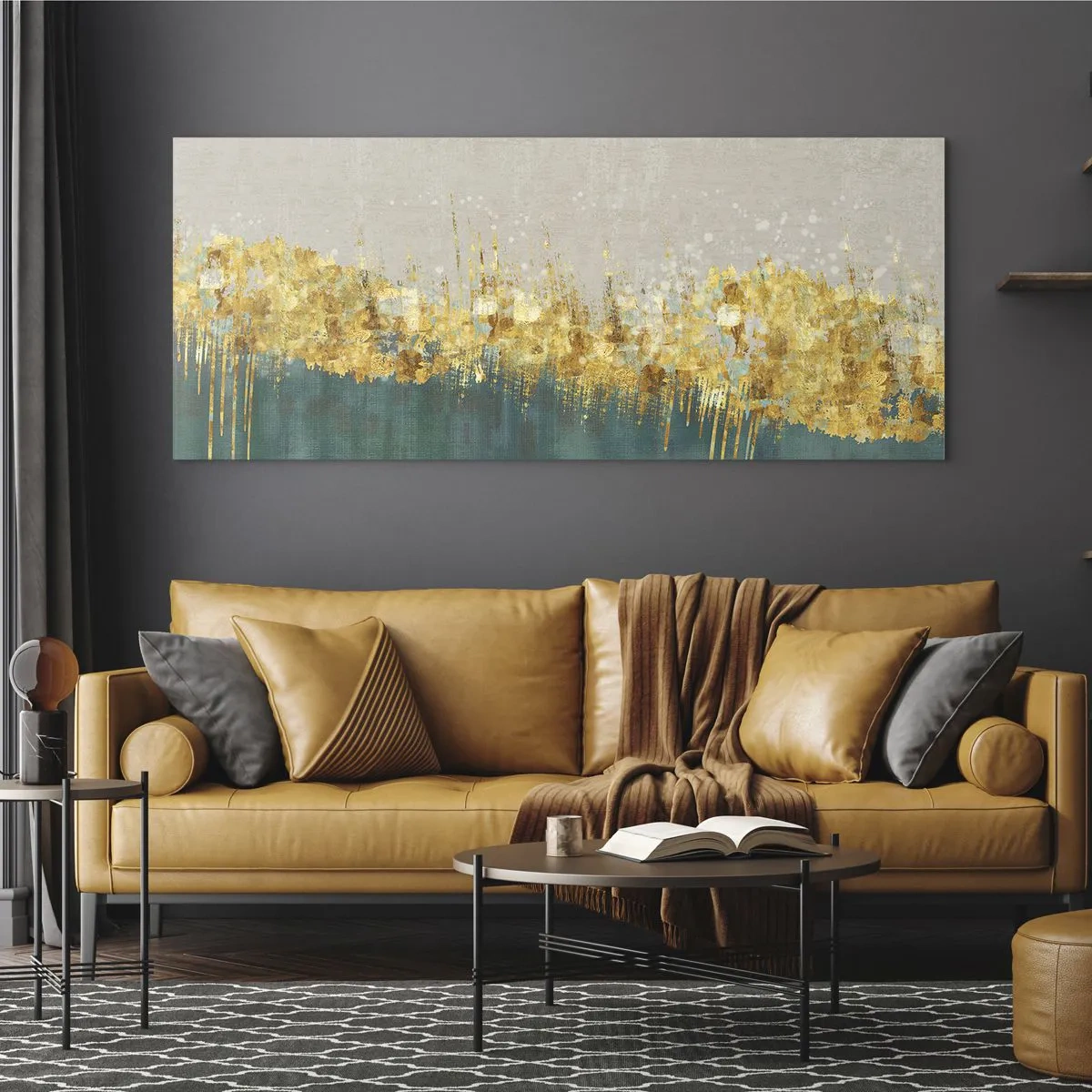 Impression sur verre - Image sur verre - Des accents dorés sur un fond vert-beige - 120x50cm - La frontière dorée - Décoration murale moderne pour le salon et la chambre ARTTOR