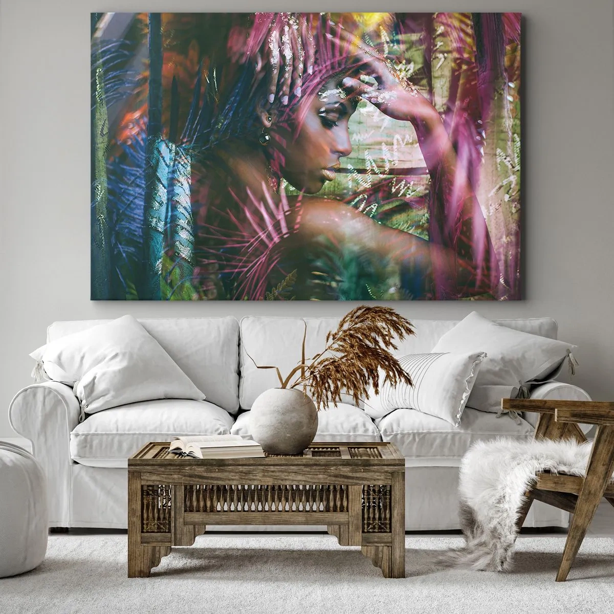 Impression sur toile - Image sur toile - Portrait d'une femme entourée d'une végétation exotique - 100x70cm - Dame Nature dans la jungle - Décoration murale moderne pour le salon et la chambre ARTTOR