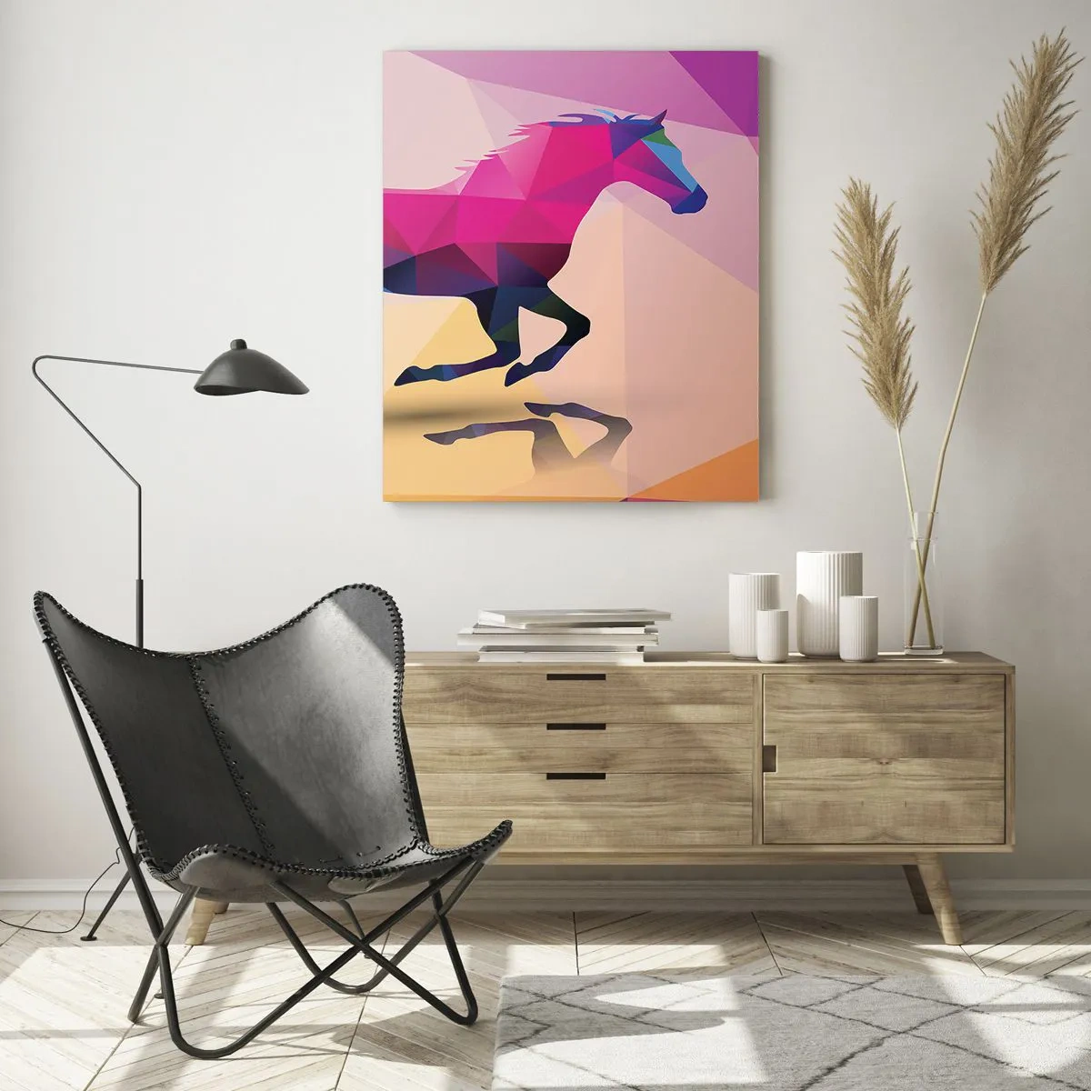 Impression sur verre - Image sur verre - Silhouette géométrique d'un cheval au galop aux couleurs vives - 80x120cm - Le cubisme toujours vivant - Décoration murale moderne pour le salon et la chambre ARTTOR