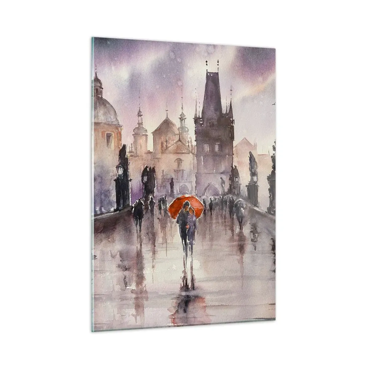 Impression sur verre - Image sur verre - Marcher sous la pluie sur un pont avec un parapluie orange - 50x70cm - Les gens ne changent pas - Décoration murale moderne pour le salon et la chambre ARTTOR
