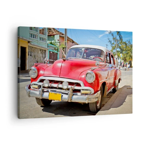 Impression sur toile - Image sur toile - Une voiture classique rouge garée dans la rue par une journée ensoleillée - 70x50cm - Seulement à Cuba - Décoration murale moderne pour le salon et la chambre ARTTOR