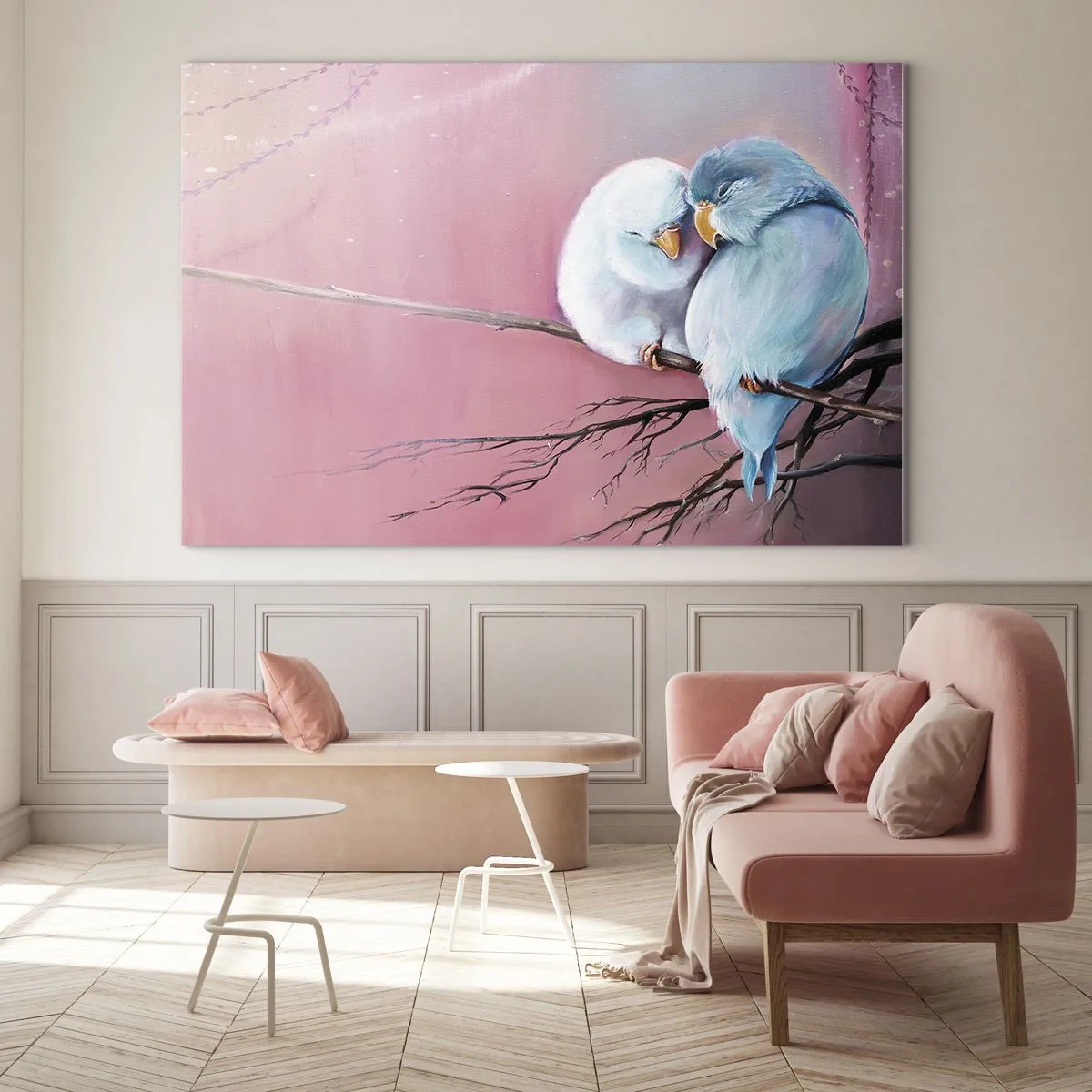 Impression sur verre - Image sur verre - Deux tourtereaux assis sur une branche sur fond rose - 70x50cm - Que dire de plus?... - Décoration murale moderne pour le salon et la chambre ARTTOR