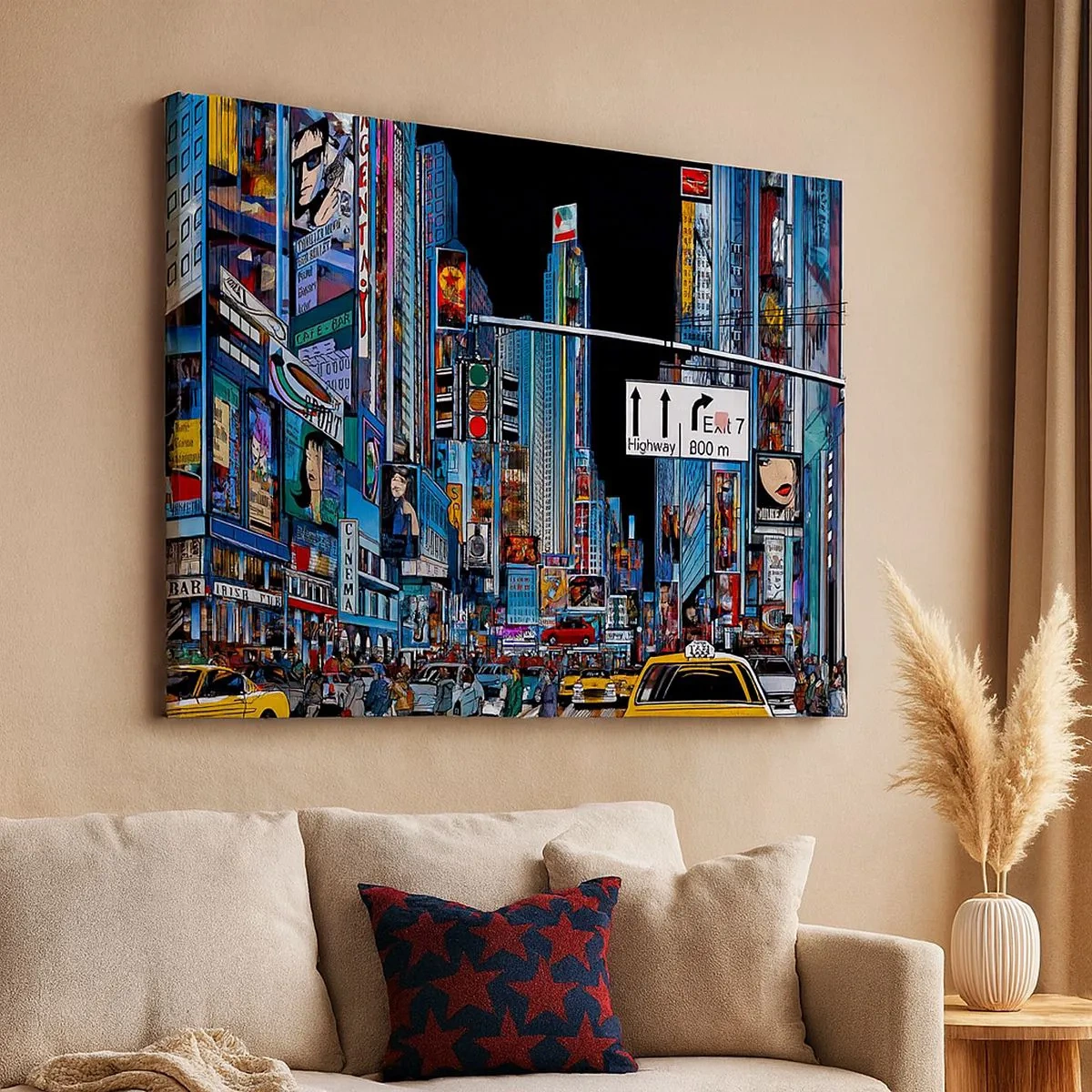 Impression sur toile - Image sur toile - Une ville animée avec des publicités colorées et des taxis jaunes - 70x50cm - Grande nuit de bande dessinée - Décoration murale moderne pour le salon et la chambre ARTTOR