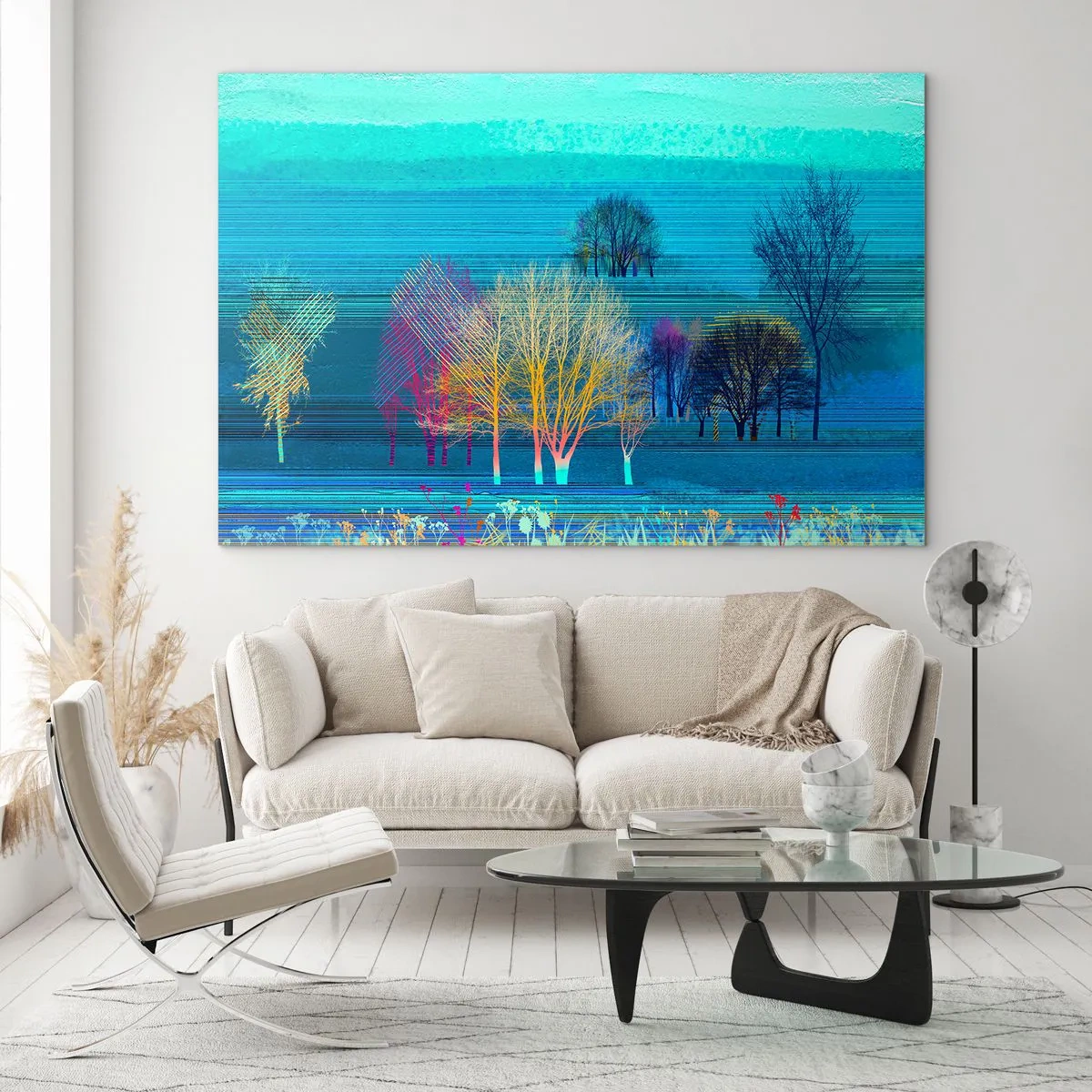 Impression sur verre - Image sur verre - Un paysage coloré avec des arbres sur un fond de tons bleus - 120x80cm - Un paysage soigné - Décoration murale moderne pour le salon et la chambre ARTTOR