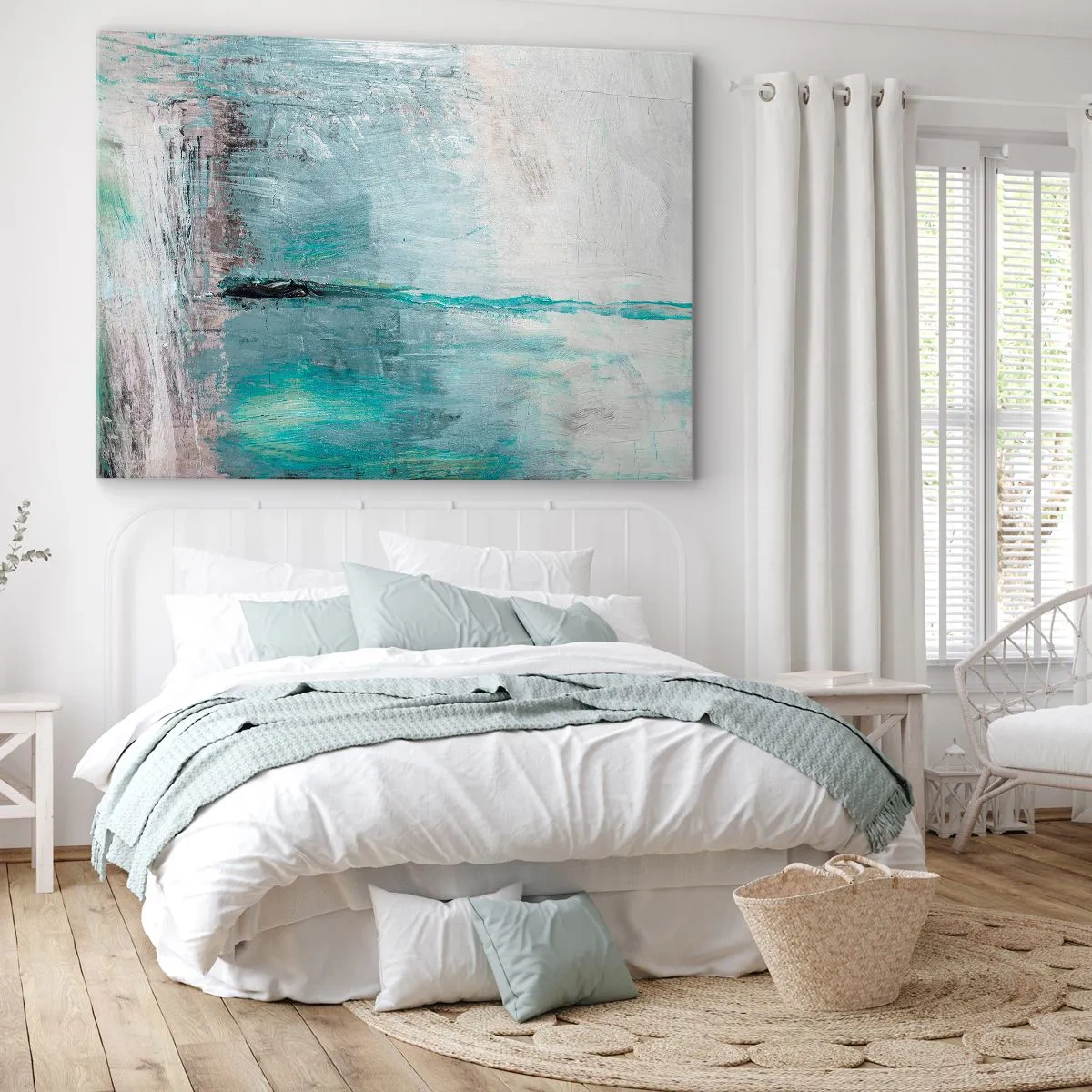 Impression sur toile - Image sur toile - Abstraction dans les tons turquoise et gris - 100x70cm - Horizontalement en bleu - Décoration murale moderne pour le salon et la chambre ARTTOR