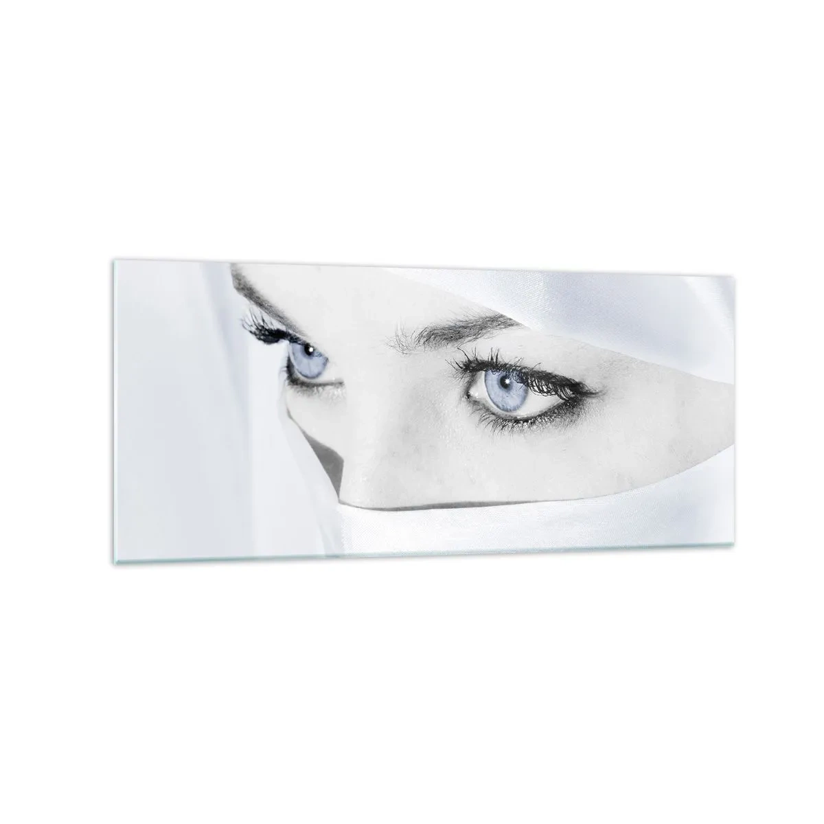 Impression sur verre - Image sur verre - Portrait d'une femme aux yeux bleus cachés derrière un voile blanc - 120x50cm - Directement des mille et une nuits - Décoration murale moderne pour le salon et la chambre ARTTOR