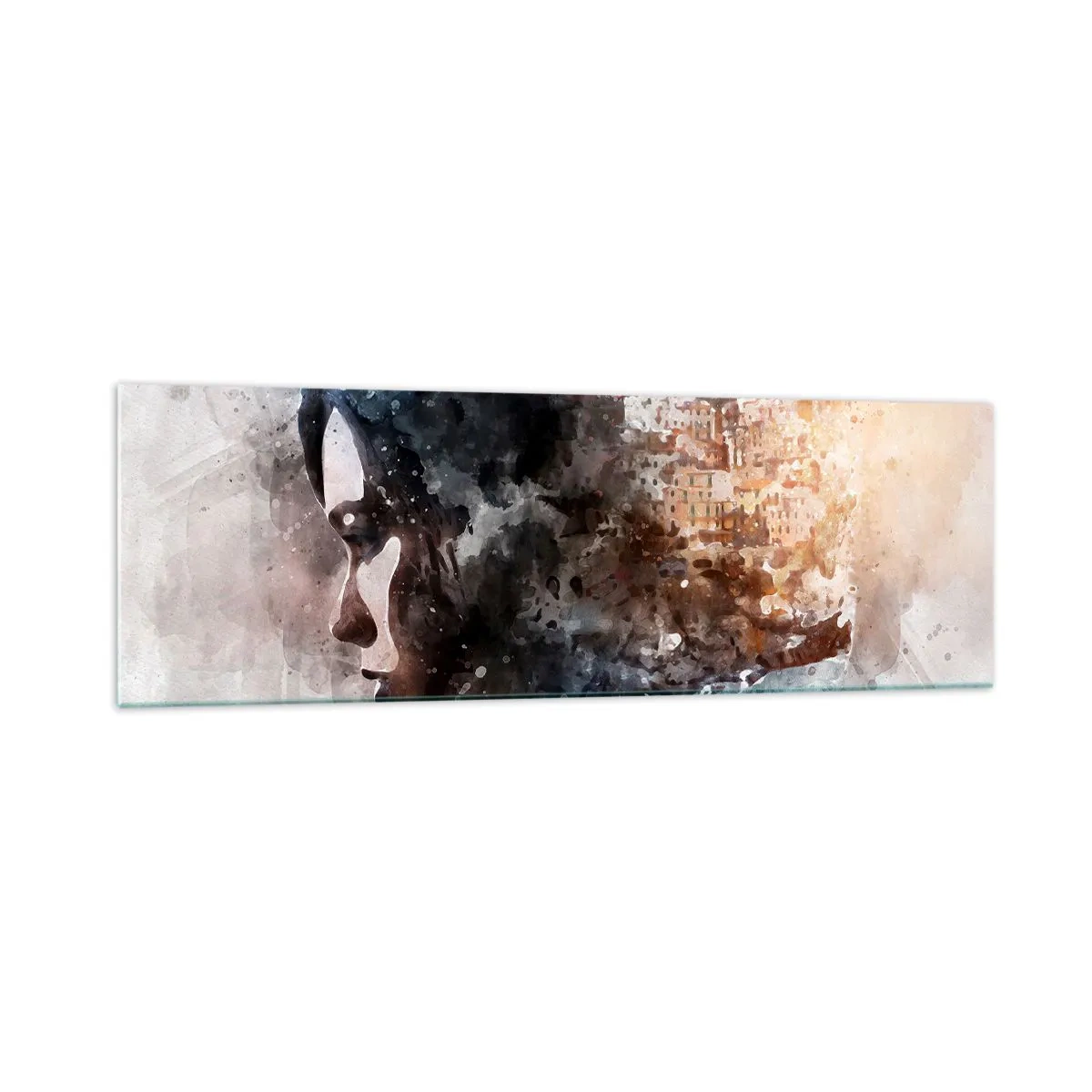 Impression sur verre - Image sur verre - Portrait d'une femme combinant son visage avec un paysage urbain en arrière-plan - 160x50cm - L'histoire d'une fille avec une ville en arrière-plan - Décoration murale moderne pour le salon et la chambre ARTTOR
