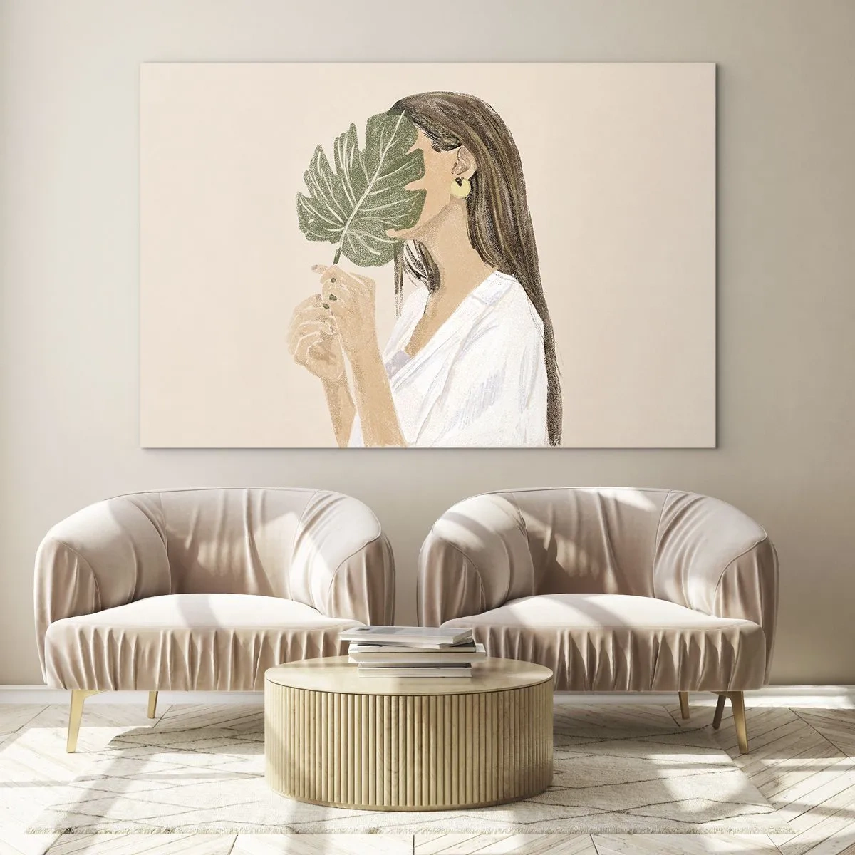 Impression sur verre - Image sur verre - Une femme aux cheveux longs tenant une feuille devant son visage. - 120x80cm - Portrait mystérieux avec un éventail - Décoration murale moderne pour le salon et la chambre ARTTOR