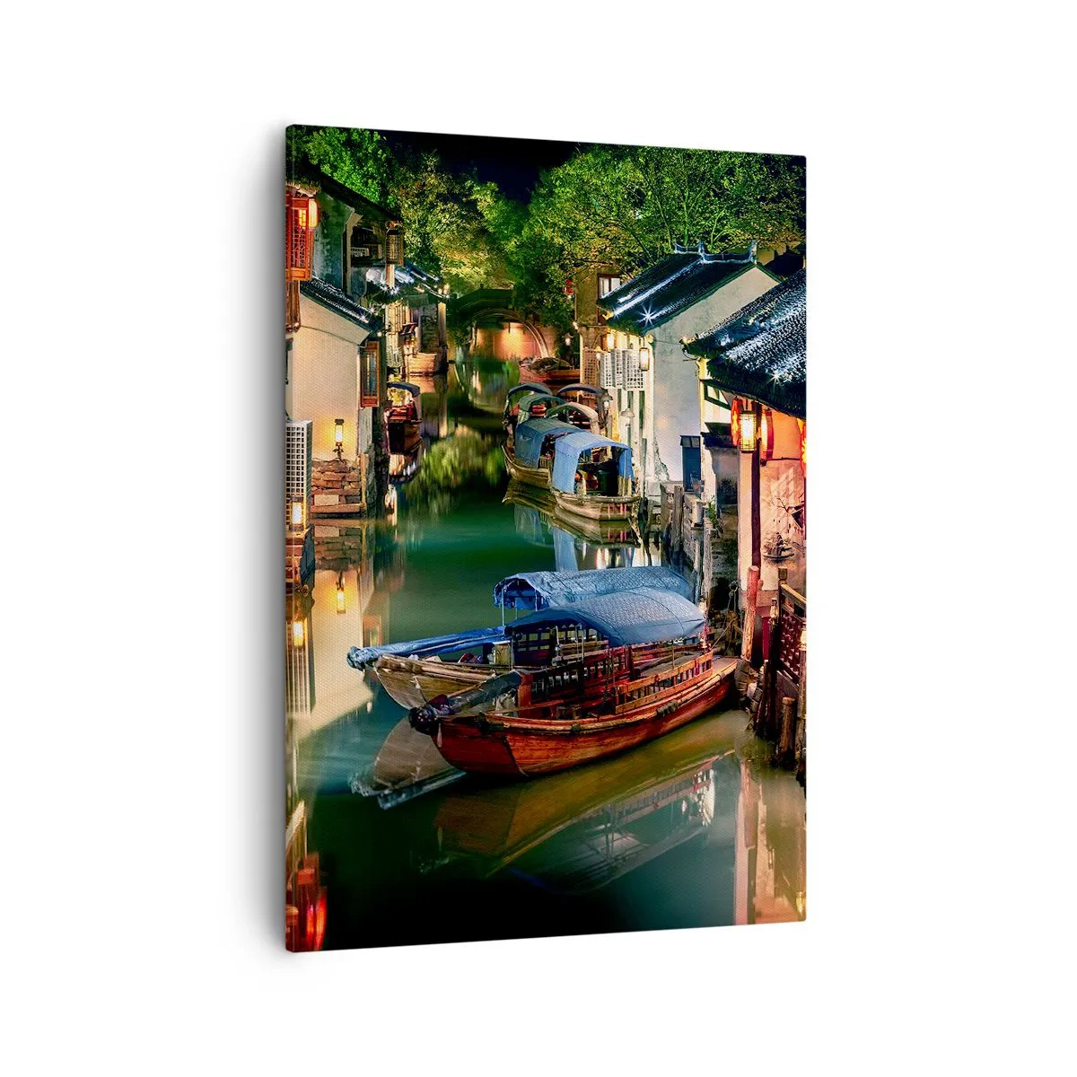 Impression sur toile - Image sur toile - Vue nocturne des canaux avec bateaux et maisons traditionnels - 50x70cm - Soirée dans une rue chinoise - Décoration murale moderne pour le salon et la chambre ARTTOR