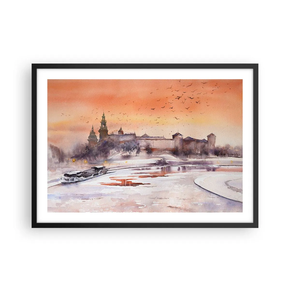 Affiche dans un cadre noir - Poster - Coucher de soleil sur le château dans un paysage hivernal - 70x50cm - Coucher de soleil royal - Décoration murale moderne pour le salon et la chambre ARTTOR