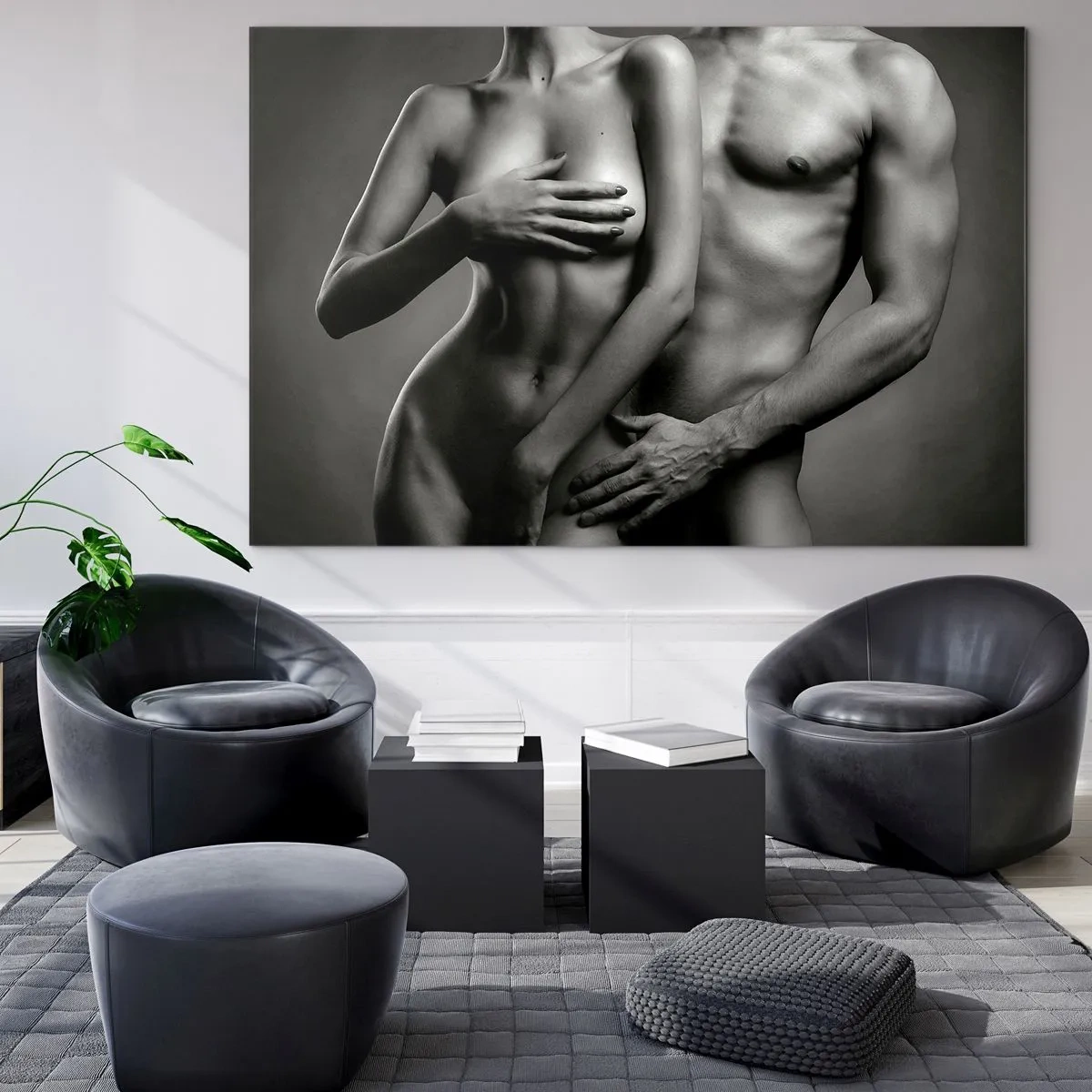 Impression sur verre - Image sur verre - Composition en noir et blanc avec des silhouettes nues d'un couple - 120x80cm - Adam et Eve - Décoration murale moderne pour le salon et la chambre ARTTOR