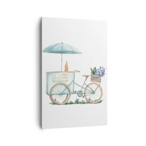 Impression sur toile - Image sur toile - Un vélo avec de la glace et des fleurs sous un parapluie aux couleurs pastel délicates - 80x120cm - Doux souvenir d'été - Décoration murale moderne pour le salon et la chambre ARTTOR
