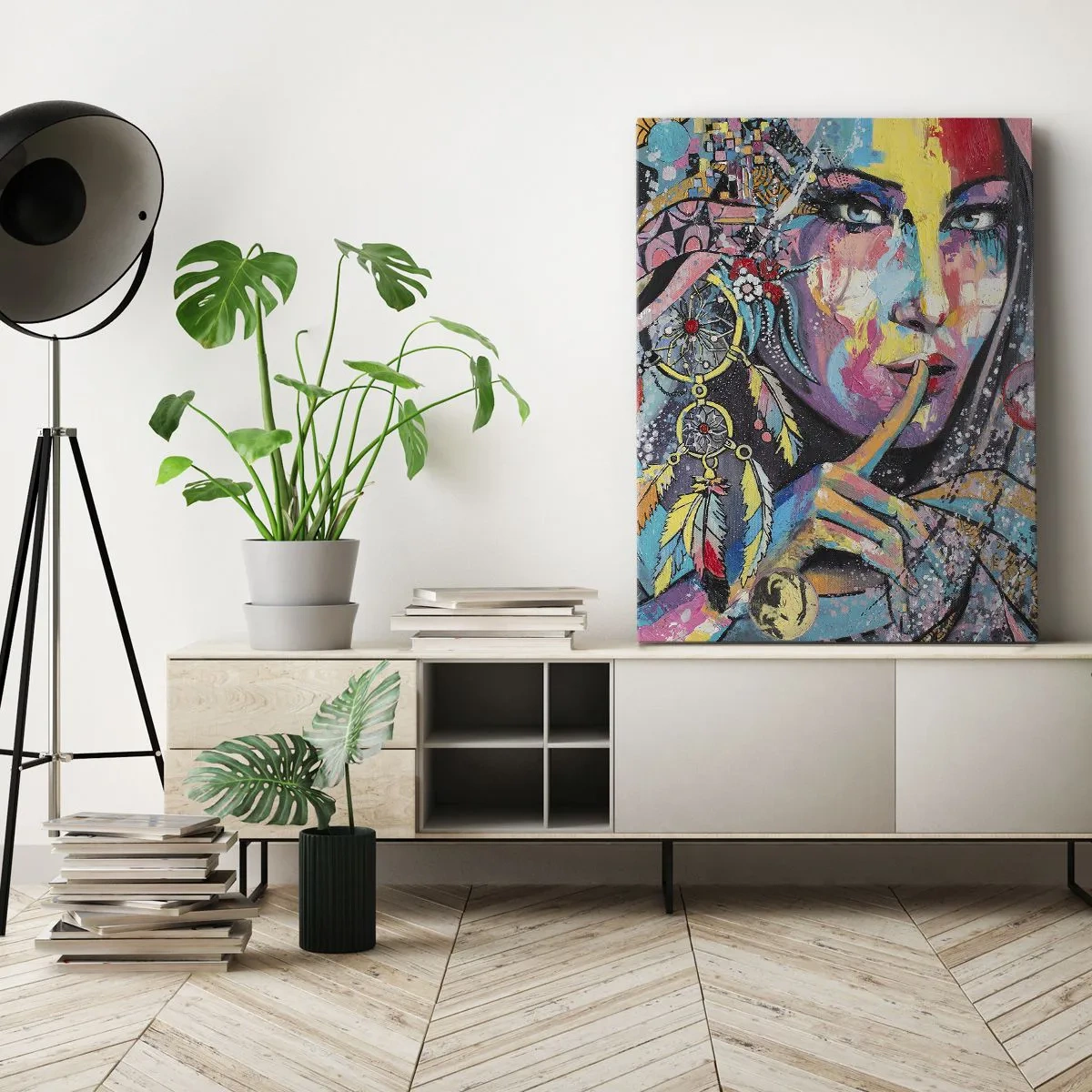 Impression sur toile - Image sur toile - Visage féminin coloré dans un style artistique - 80x120cm - Taisez-vous jusqu'à ce que vous compreniez - Décoration murale moderne pour le salon et la chambre ARTTOR
