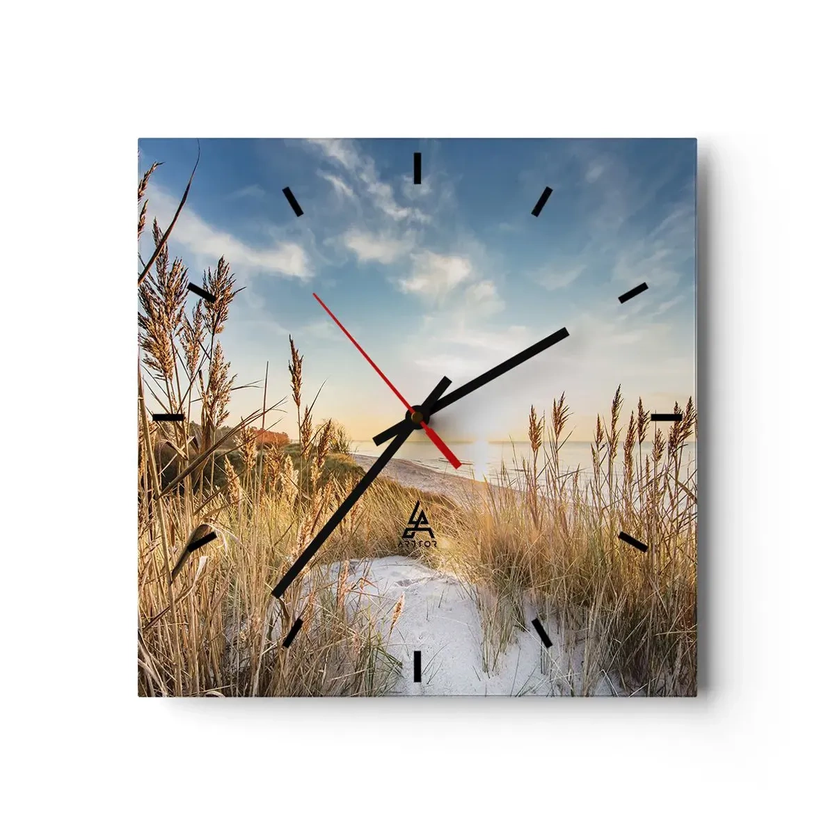 Horloge murale - Pendule murale - Une plage pittoresque avec de l'herbe et le soleil couchant - 30x30cm - Plage du nord - Décoration murale moderne pour le salon et la chambre ARTTOR
