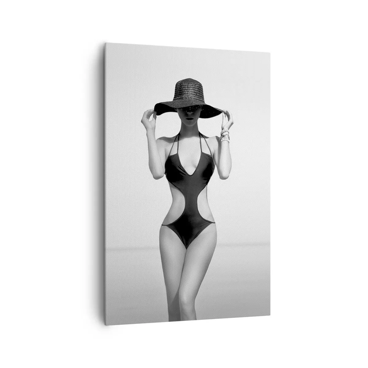 Impression sur toile - Image sur toile - Silhouette noire et blanche d'une femme portant un chapeau sur fond de mer - 80x120cm - Mon prénom? Élégance - Décoration murale moderne pour le salon et la chambre ARTTOR