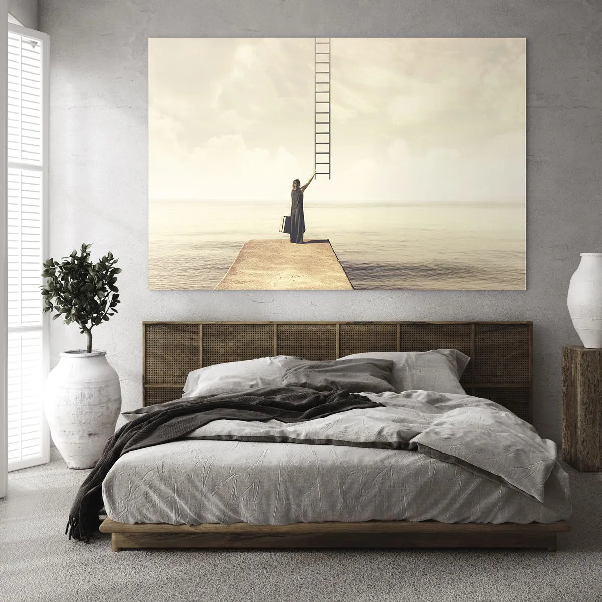Impression sur verre - Image sur verre - Femme sur une jetée avec une échelle menant au paradis - 70x50cm - Voyage magique - Décoration murale moderne pour le salon et la chambre ARTTOR
