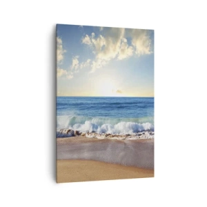 Impression sur toile - Image sur toile - Une plage ensoleillée avec des vagues s'écrasant sur le rivage - 70x100cm - Mouvement et immobilité à la fois - Décoration murale moderne pour le salon et la chambre ARTTOR