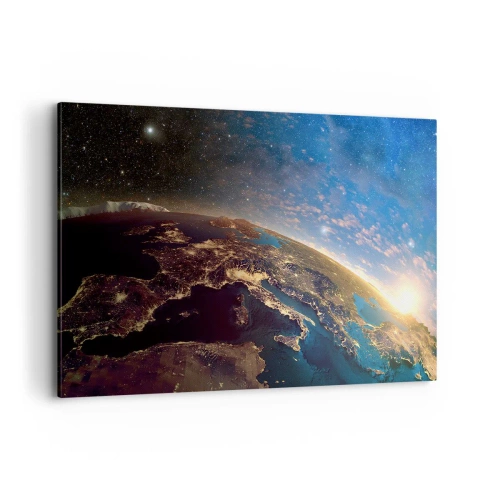 Impression sur toile - Image sur toile - Vue de la Terre depuis l'espace au lever du soleil - 120x80cm - Regardons-nous de loin - Décoration murale moderne pour le salon et la chambre ARTTOR