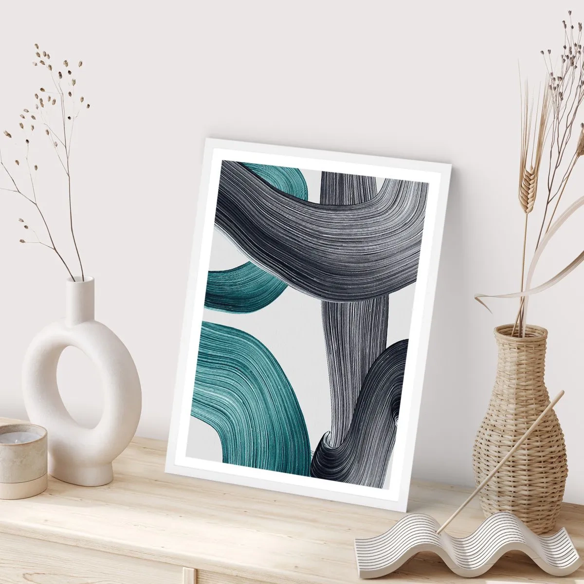 Affiche dans un cadre blanc - Poster - Sentiers émeraude et noirs - 61x91 cm