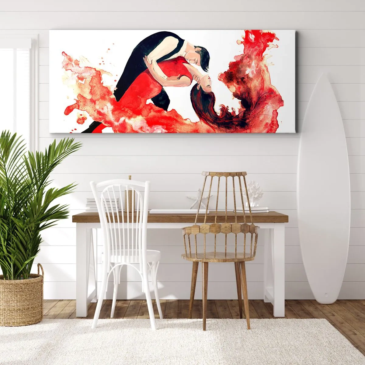 Impression sur toile - Image sur toile - Une aquarelle dynamique d'un couple dansant aux couleurs rouges. - 160x50cm - Tango - une vague sensuelle - Décoration murale moderne pour le salon et la chambre ARTTOR