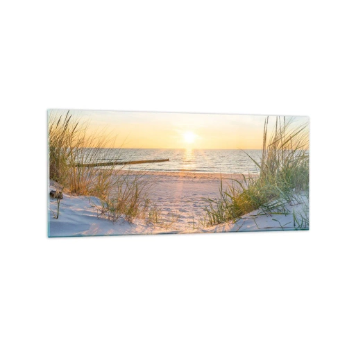 Impression sur verre - Image sur verre - Une plage de sable avec vue sur le coucher de soleil sur la mer - 120x50cm - Le bruit de la mer, le chant des oiseaux, une plage sauvage parmi les herbes… - Décoration murale moderne pour le salon et la chambre ART