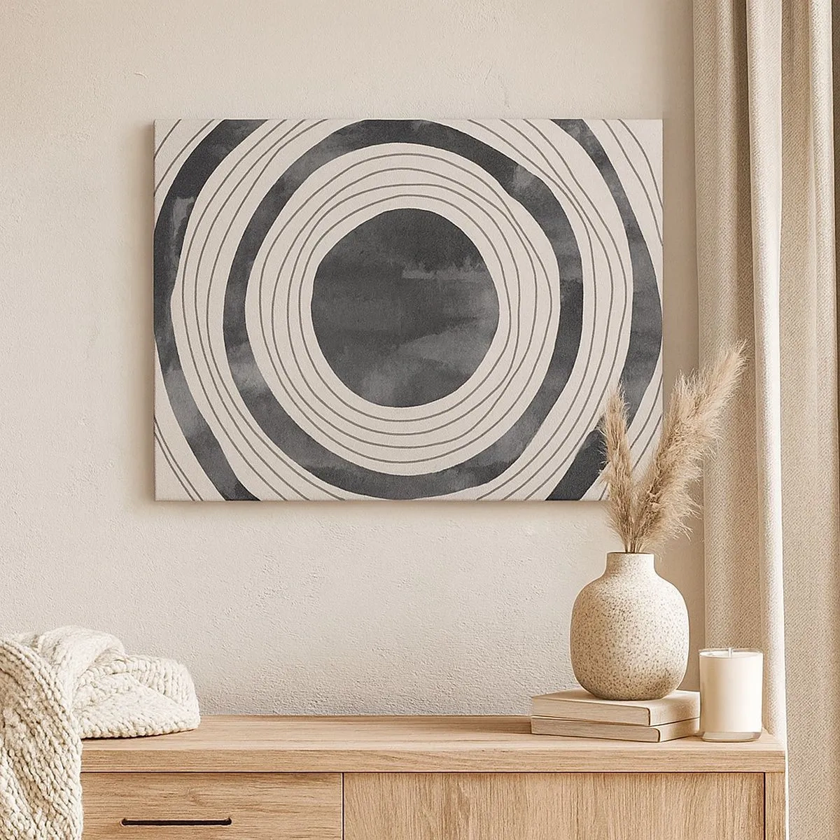Impression sur toile - Image sur toile - Cercles concentriques noirs et blancs sur fond clair - 70x50cm - Droit au but - Décoration murale moderne pour le salon et la chambre ARTTOR